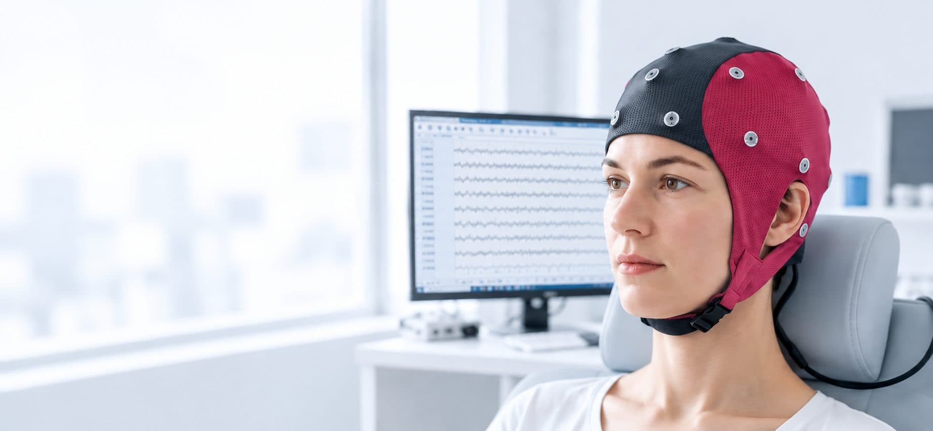 Пациентка в шлеме waveguard connect на приёме: красно-графитовый шлем с оловянными электродами, на мониторе позади идёт запись ЭЭГ
